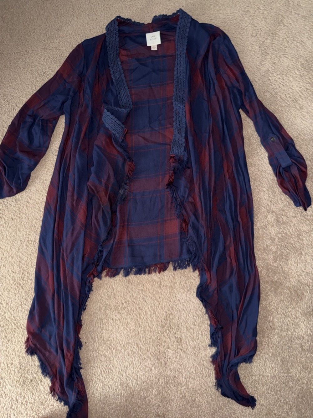 Nine West Navy and Burgundy Open-Front Draped Cardigan